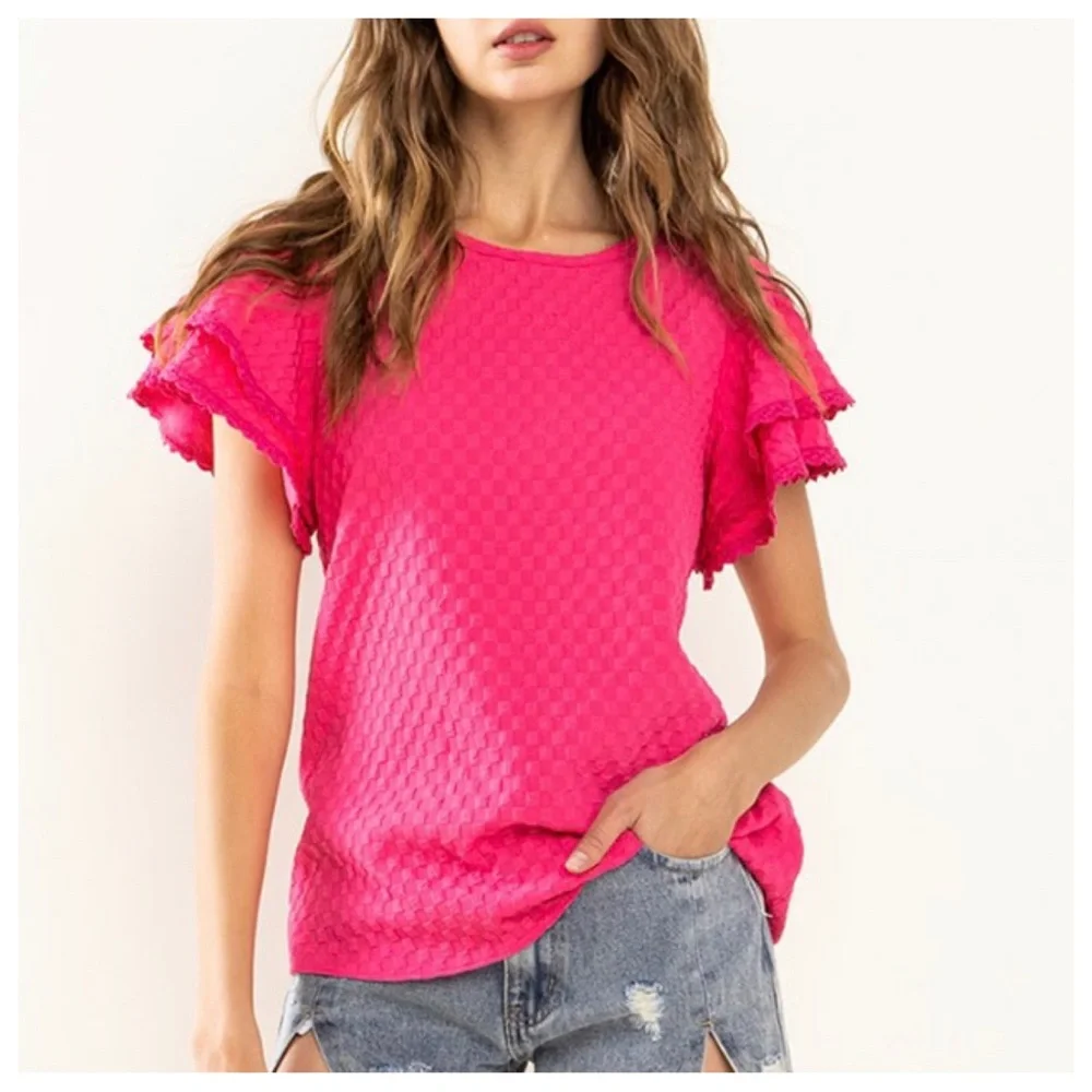35 Boho Textured Double Ruffle Short Sleeve Top - Picture 1 of 7